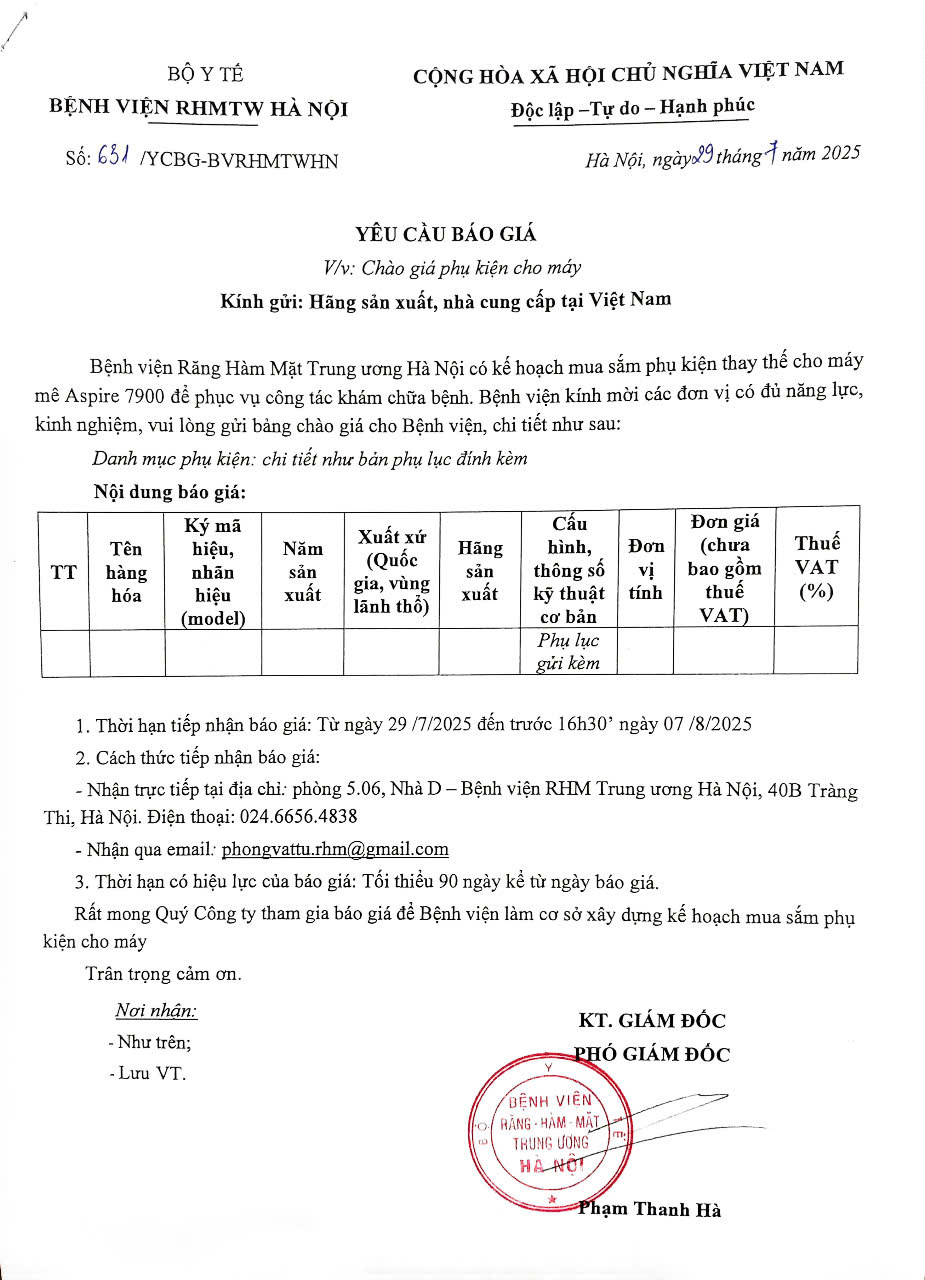 THƯ MỜI BÁO GIÁ: CHÀO GIÁ PHỤ KIỆN CHO MÁY 